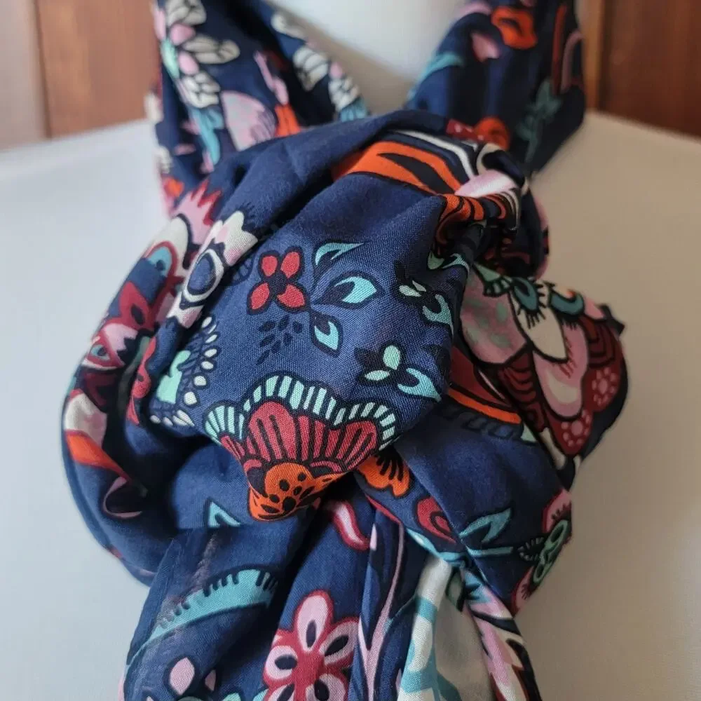 NWT Talbots Blue Floral‎ Scarf 100% Modal Pink Aqua Orange Vibrant Print Fringe